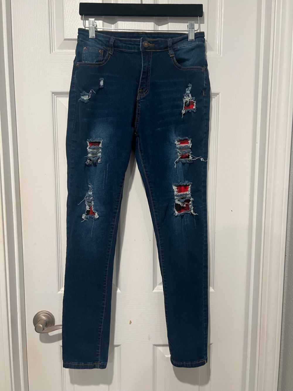 Dark Blue Distressed Women's Jeans with Red/Black Plaid Patch Detail